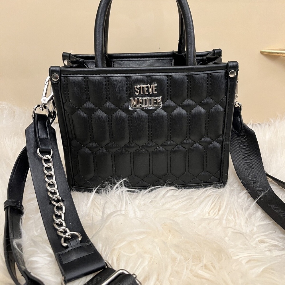 Steve Madden Bniko Quilted Black Crossbody Tote Bag